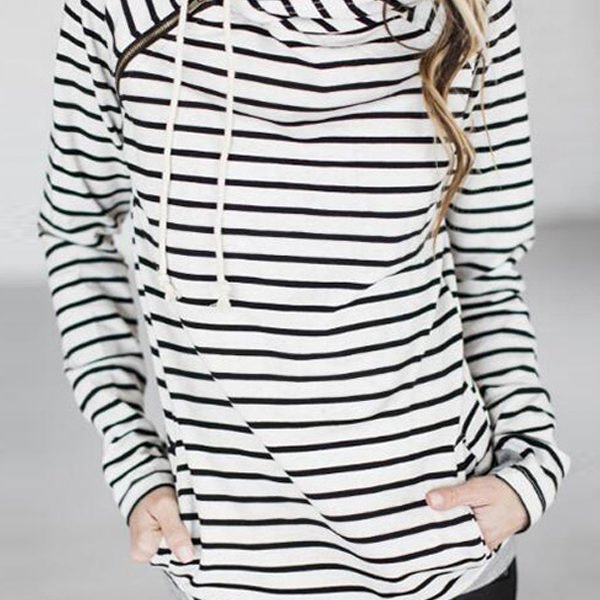 Leisure Long Sleeves Striped White Polyester Pullovers 2