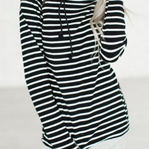 Leisure Long Sleeves Striped Black Polyester Pullovers 2