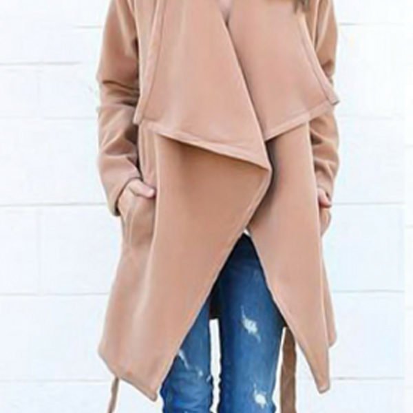 Trendy Turndown Collar Lace-up Light Tan Wool Coat 2