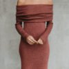 Lovely Sexy Bateau Neck Long Sleeves Brick-Red Blending Mid Calf Dress 3