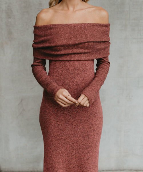 Lovely Sexy Bateau Neck Long Sleeves Brick-Red Blending Mid Calf Dress 2