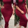Lovely Sexy Round Neck Striped Wine Red Polyester Sheath Mid Calf Dress 3