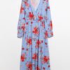 Lovely Fashion V Neck Floral Printed Side Slit Blue Polyester Maxi Dress 3