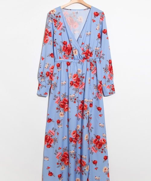 Lovely Fashion V Neck Floral Printed Side Slit Blue Polyester Maxi Dress 2