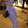 Lovely Casual V Neck Striped Blue Twilled Satin One-piece Jumpsuit 3