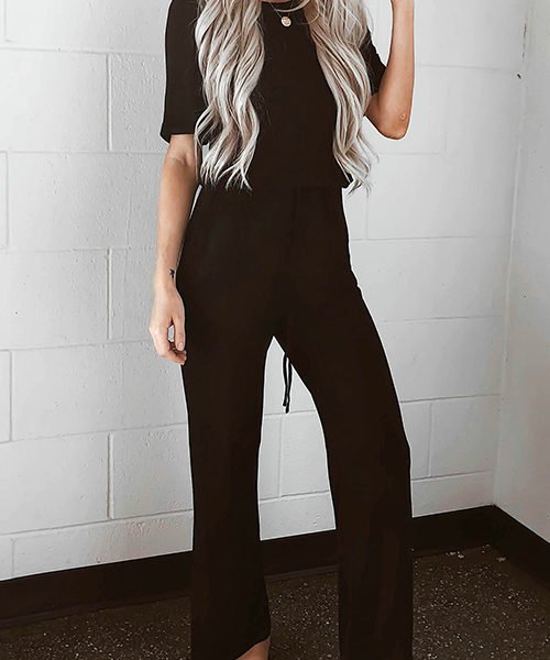 Lovely Casual Round Neck Drawstring Black Cotton Blends One-piece Jumpsuits 2