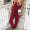 Lovely Casual V Neck Wine Red Cotton Blends One-piece Jumpsuits 3