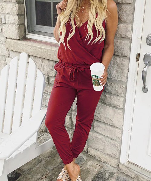 Lovely Casual V Neck Wine Red Cotton Blends One-piece Jumpsuits 2