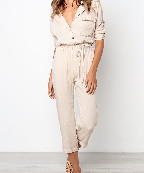 Lovely Casual Buttons Design Lace-up Apricot Blending One-piece Jumpsuit 2