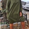 Lovely Euramerican Long Sleeves Loose Army Green Knee Length Dress 3