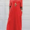 Lovely Casual Pockets Design Red Blending Floor Length Dress 3