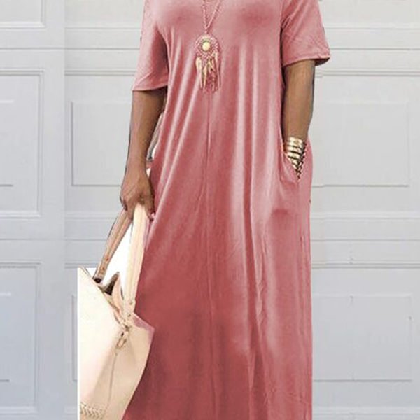 Lovely Casual Pockets Design Light Pink Blending Floor Length Dress 2