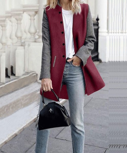 Lovely Trendy Patchwork Wine Red Coat 2