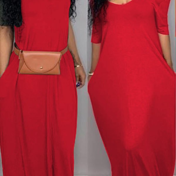 Lovely Casual Pockets Design Bright Red Blending Floor Length Dress 2