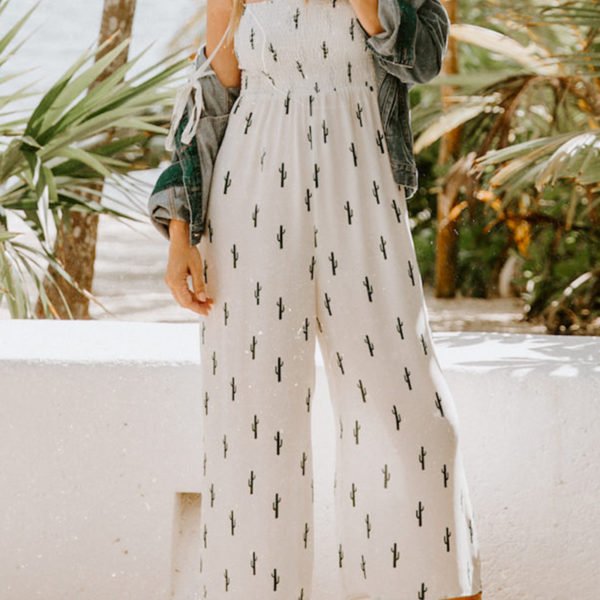 Lovely Cactus Printed White One-piece Jumpsuit 2