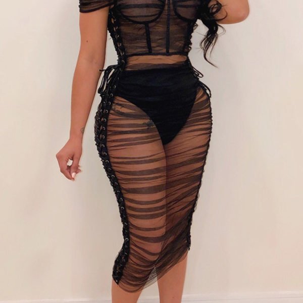 Lovely Sexy See-through Black Gauze Ankle Length A Line Dress 2