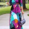 Lovely Sweet V Neck Color Block Patchwork Multicolor Floor Length Dress 3