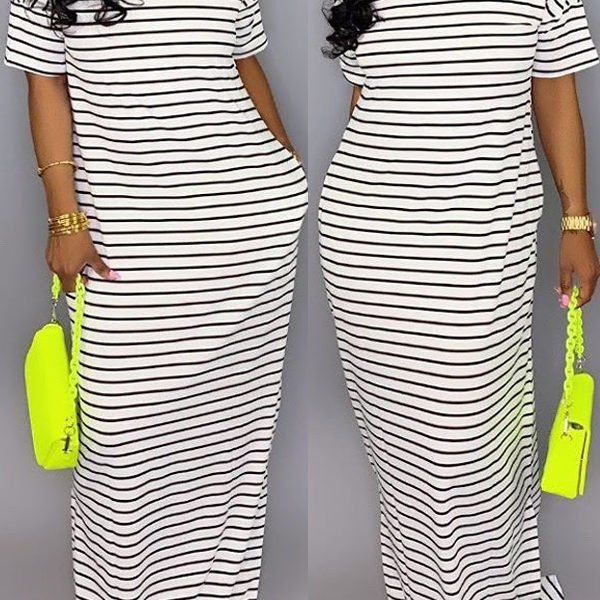 Lovely Casual O Neck Striped White Floor Length Dress 2