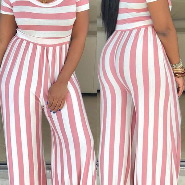 Lovely Casual O Neck Striped Pink One-piece Jumpsuit 2