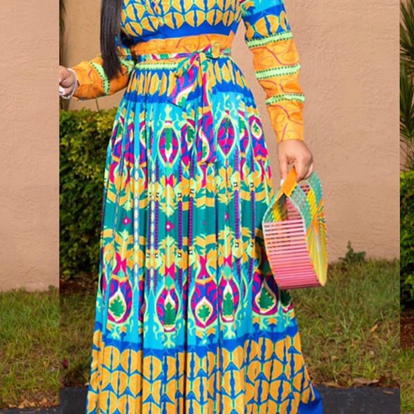 Lovely Bohemian Printed Blue Ankle Length A Line Plus Size Dress 2