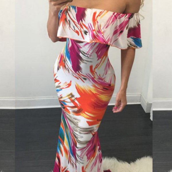 Lovely Casual Off The Shoulder Printed Multicolor Floor Length Dress 2