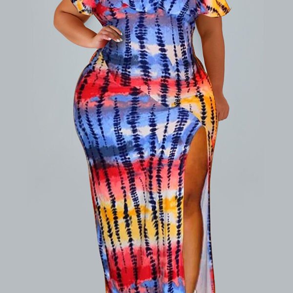 Lovely Casual Off The Shoulder Printed Side Split Multicolor Ankle Length Plus Size Dress 2