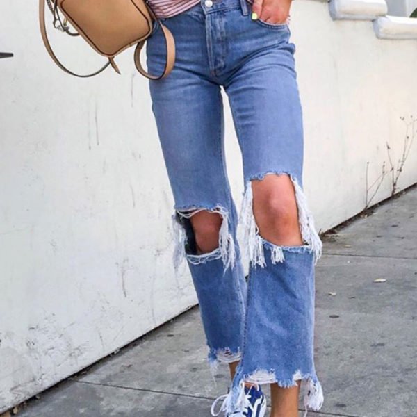 Lovely Stylish High Waist Broken Holes Blue Jeans 2