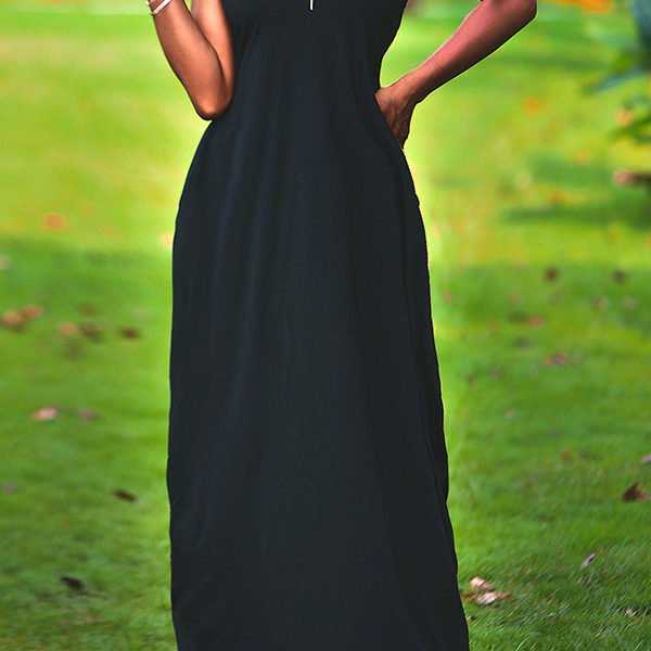 Lovely Casual V Neck Asymmetrical Black Blending Floor Length Dress 2