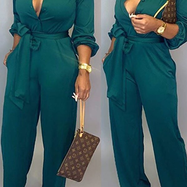 Lovely Work Lace-up Loose Green One-piece Jumpsuit 2