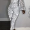 Lovely Casual Dew Shoulder Sequined Silver One-piece Jumpsuit 3