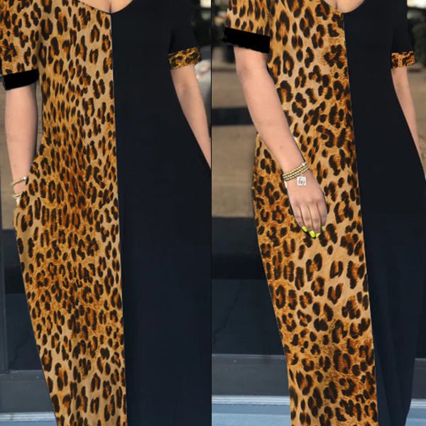 Lovely Casual Patchwork Leopard Printed Floor Length T-shirt Dress 2