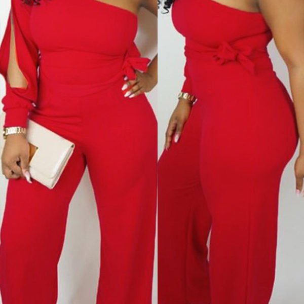 Lovely Work One Shoulder Red One-piece Jumpsuit 2