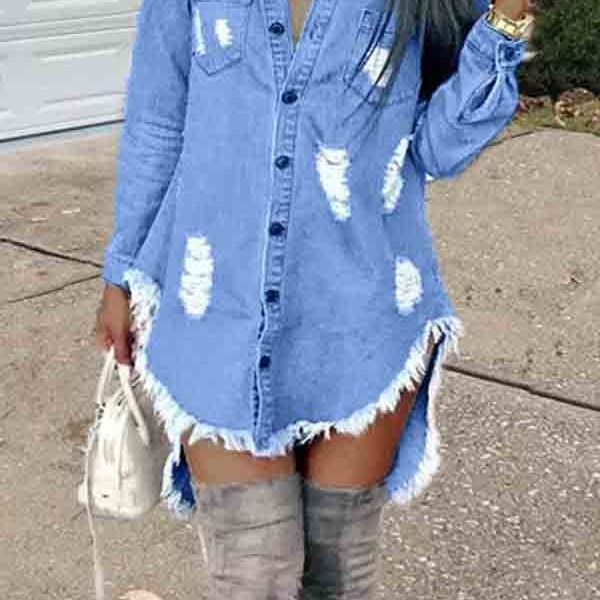 Lovely Casual Turndown Collar Tassel Design Blue Mini Dress 2