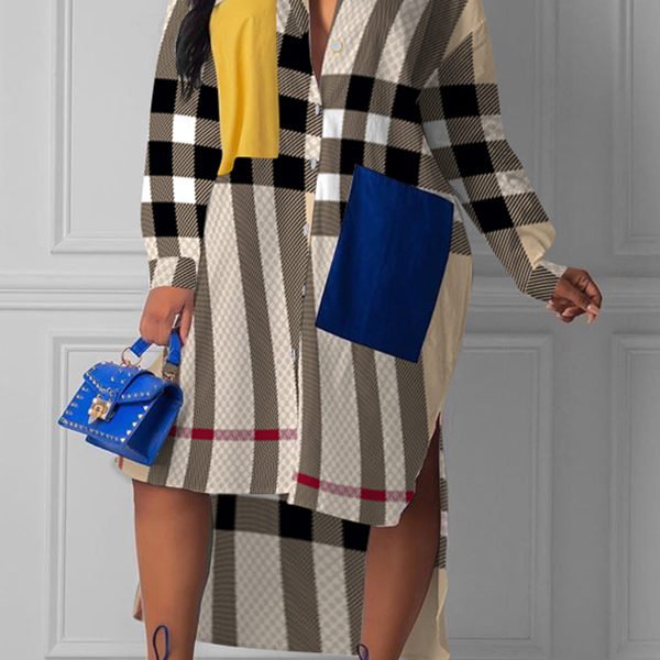 Lovely Trendy Turndown Collar Striped Printed Brown Mid Calf Dress 2