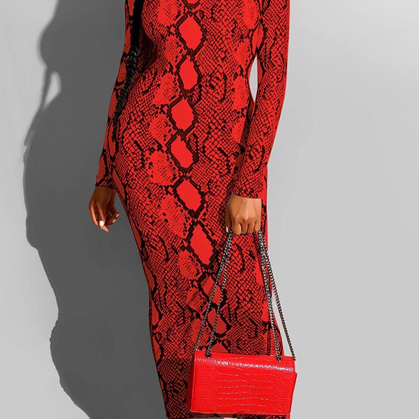 Lovely Casual Snakeskin Printed Red Ankle Length Dress 2