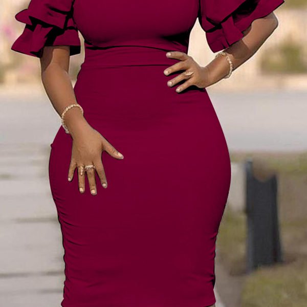 Lovely Casual O Neck Ruffle Wine Red Knee Length Plus Size Dress 2