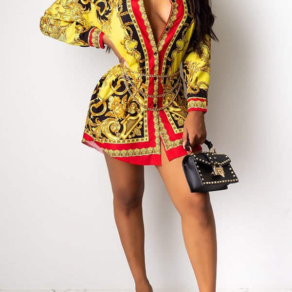 Lovely Casual Printed Gold Mini Shirt Dress(Without Belt) 2