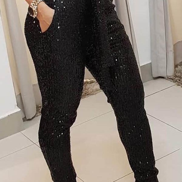 Lovely Chic Sequined Lace-up Black Pants 2