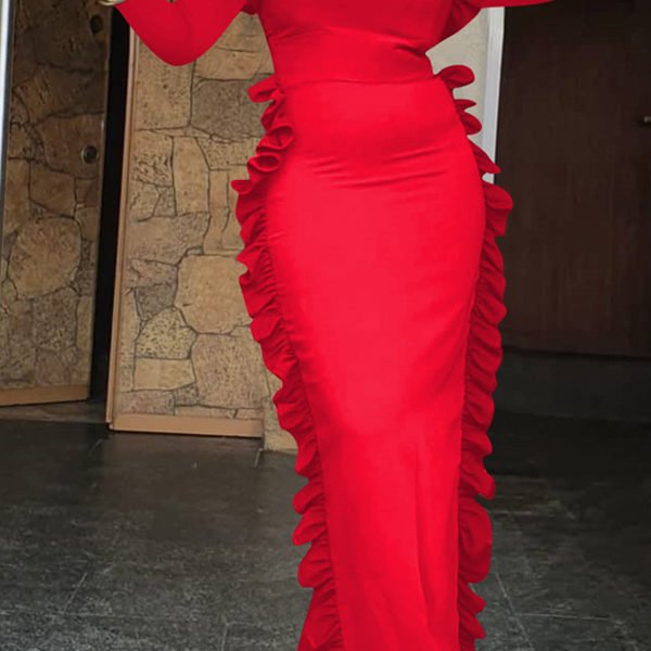Lovely Casual Flounce Design Red Floor Length Dress 2