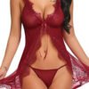 Lovely Sexy Lace Patchwork Wine Red Babydolls 3