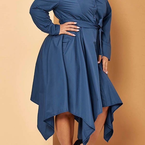 Lovely Casual Turndown Collar Blue Ankle Length Plus Size Dress 2