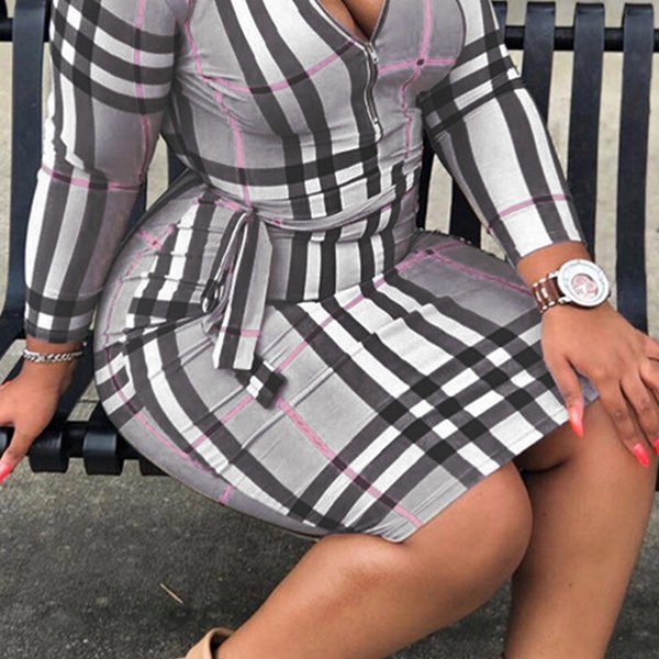 Lovely Casual Plaid Printed Grey Plus Size Mini Dress 2