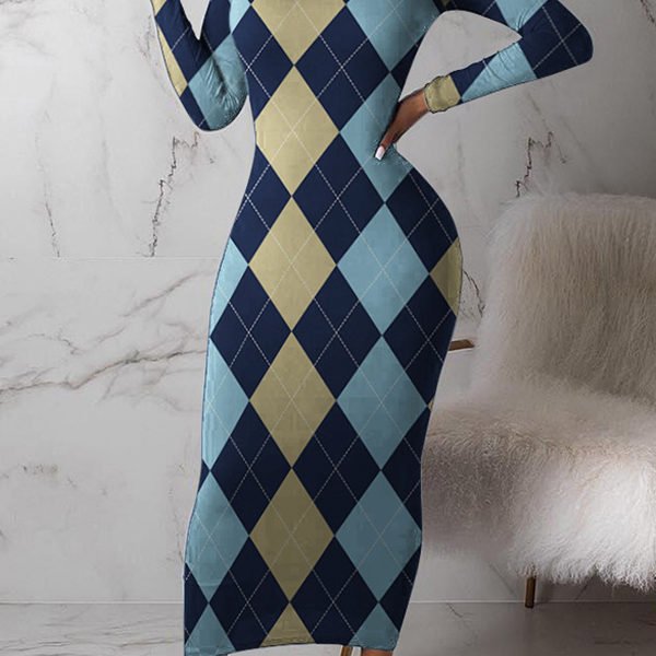 Lovely Trendy Grid Printed Blue Ankle Length Dress 2