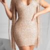 Lovely Party Sleeveless Tassel Design Gold Mini Dress 3