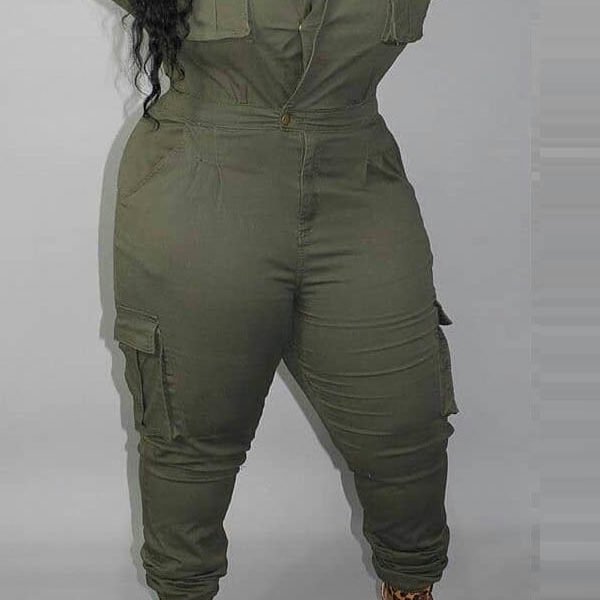 Lovely Casual Buttons Design Army Green Plus Size One-piece Jumpsuit 2