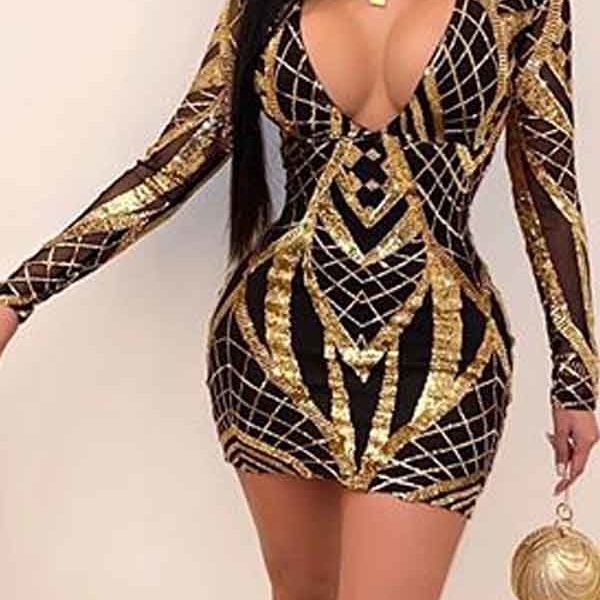 Lovely Party V Neck Hollow-out Gold Mini Dress 2