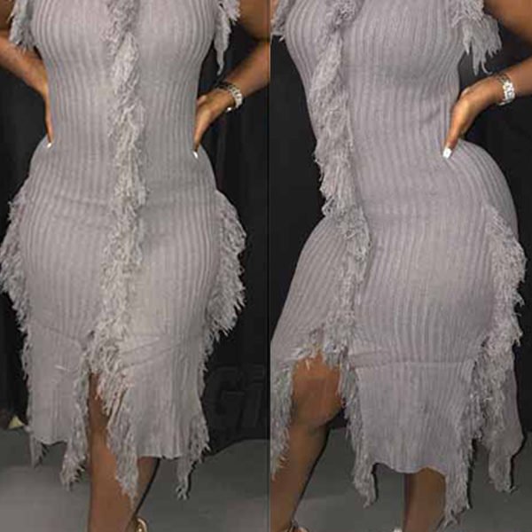 Lovely Trendy Tassel Design Grey Mid Calf Dress 2