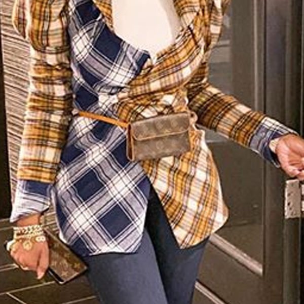 Lovely Casual Plaid Patchwork Yellow Blazer 2