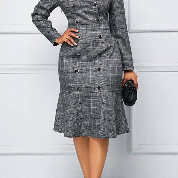 Lovely Work Plaid Print Grey Trumpet Mermaid Dress 2