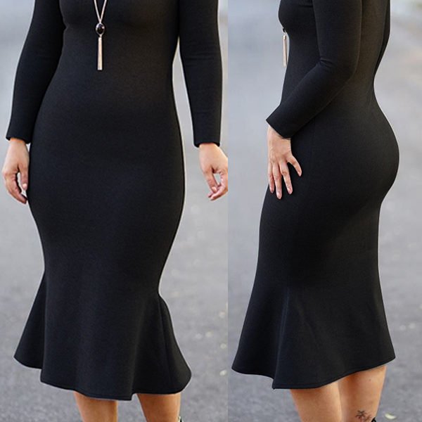 Lovely Sweet Turtleneck Flounce Design Black Mid Calf Dress 2